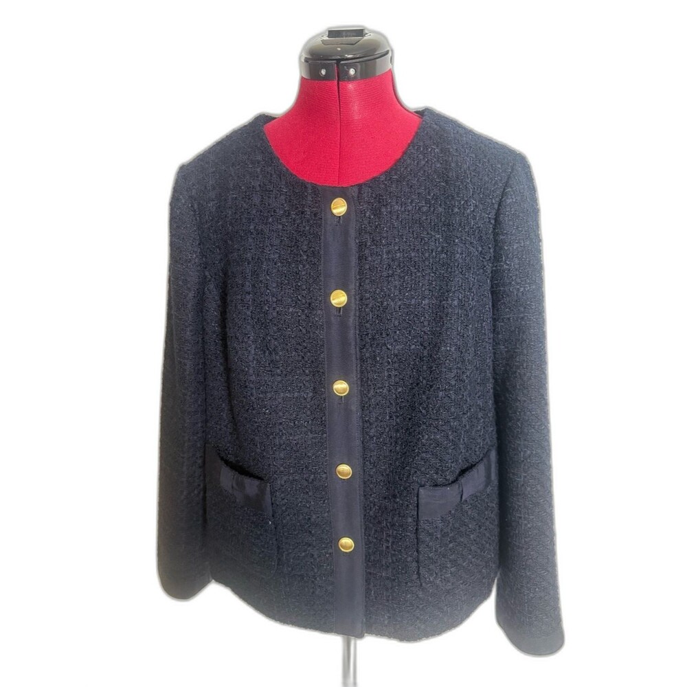 Talbots Bouclé Jacket Women's Size 14 Navy Blue Gold-Tone Buttons
